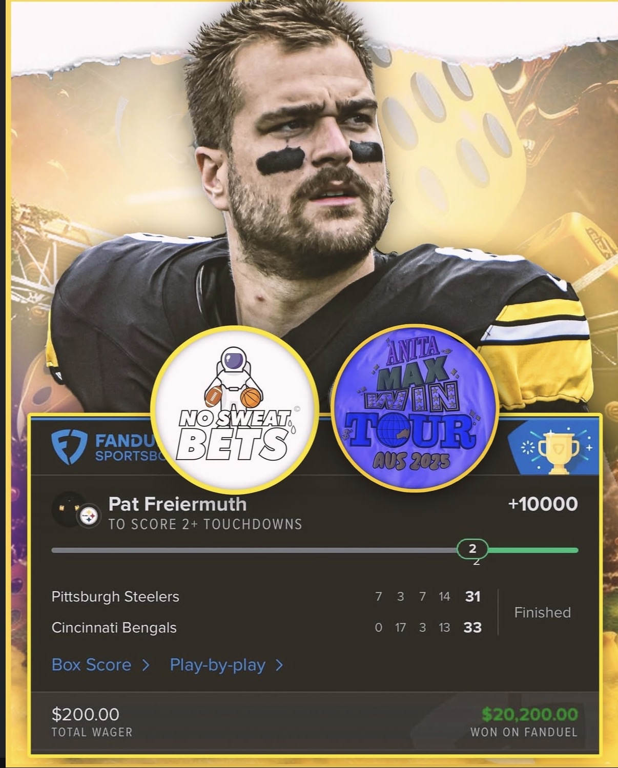 No Sweat Bets $20,200 Pat Freiermuth TD slip