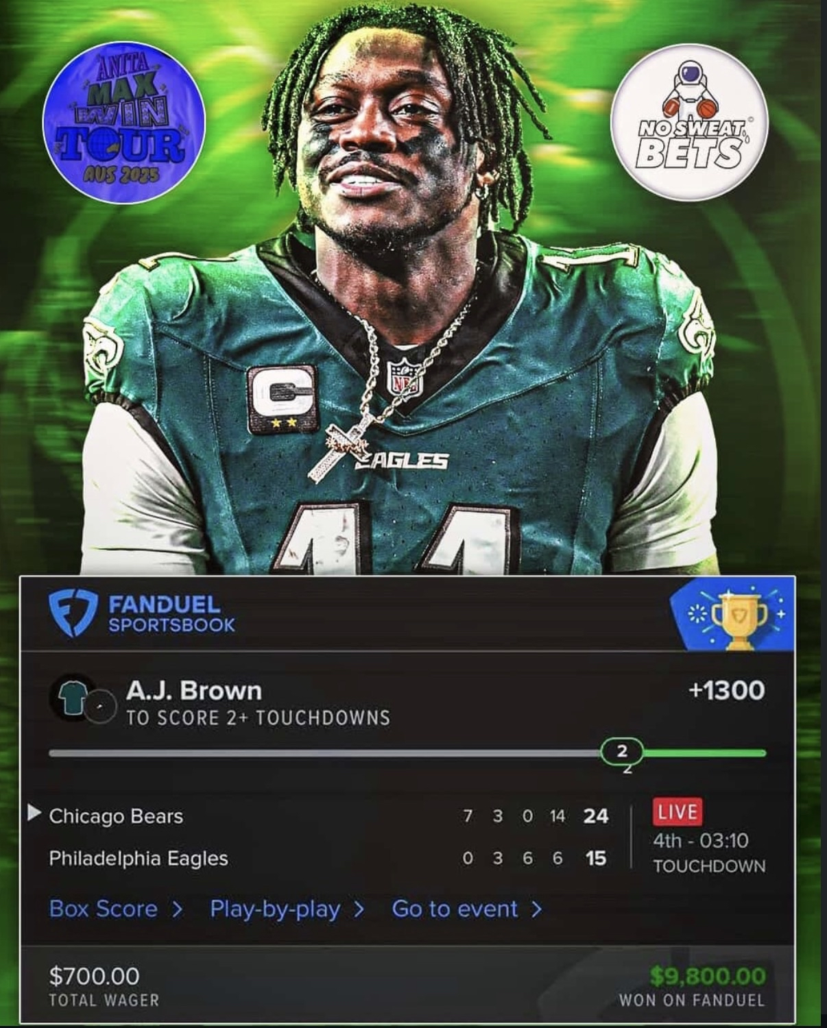 No Sweat Bets $9,800 A.J. Brown TD slip