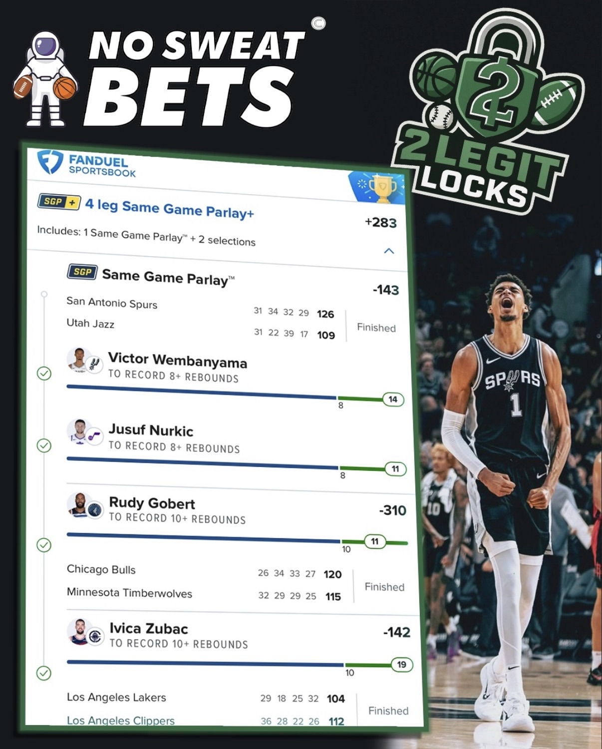 No Sweat Bets Victor Wembanyama rebound SGP slip