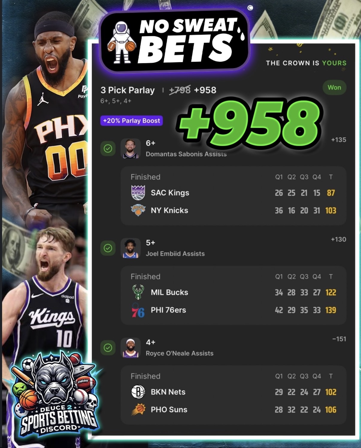 No Sweat Bets +958 Deuce 2 parlay slip