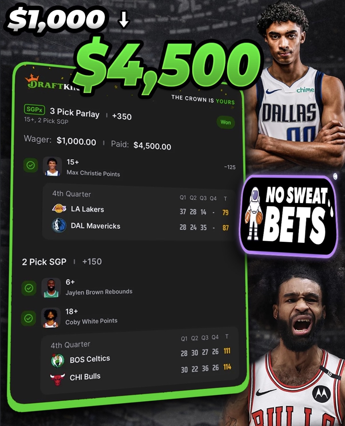 No Sweat Bets $4,500 DraftKings parlay slip